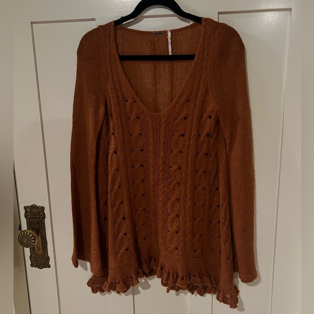 Free People Waterfall Boho Sweater Brown Alpaca Blend V-Neck Sweater Size XS